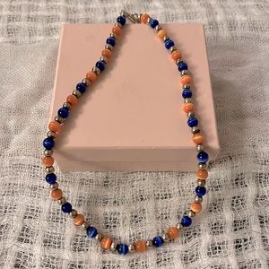 Orange, Blue, and Silver Glass Beaded Necklace